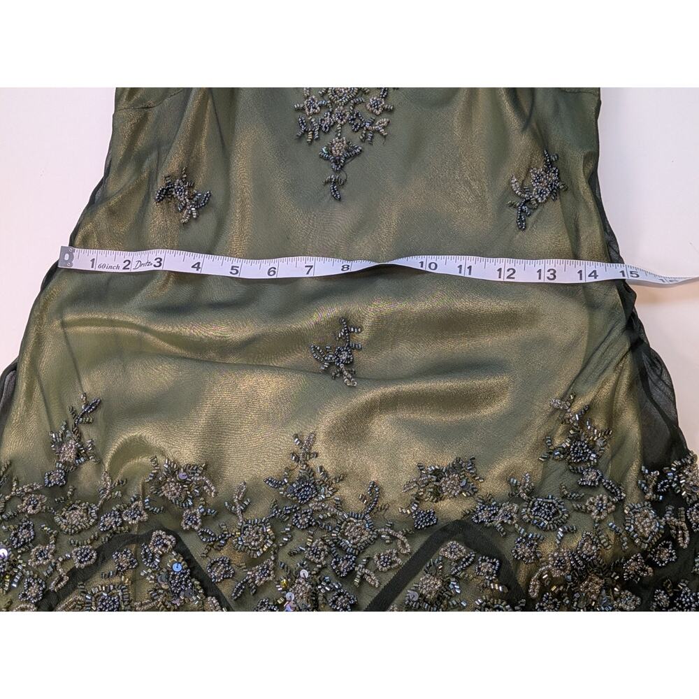 Vintage Silk Prom Dress Midi Gown L Green Y2K Fairy Floral Bead 90s Nymph Guest - Picture 9 of 11